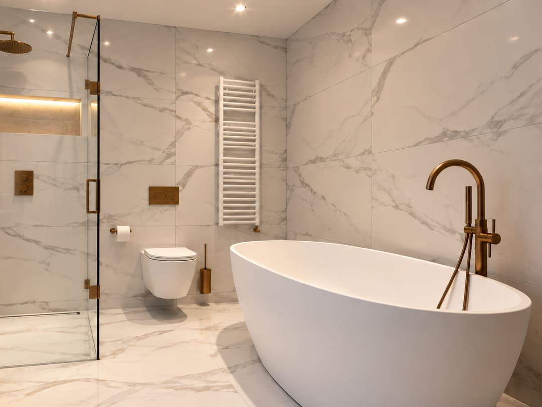 Complete badkamer met vrijstaand bad, marmerlook tegels en een inloopdouche