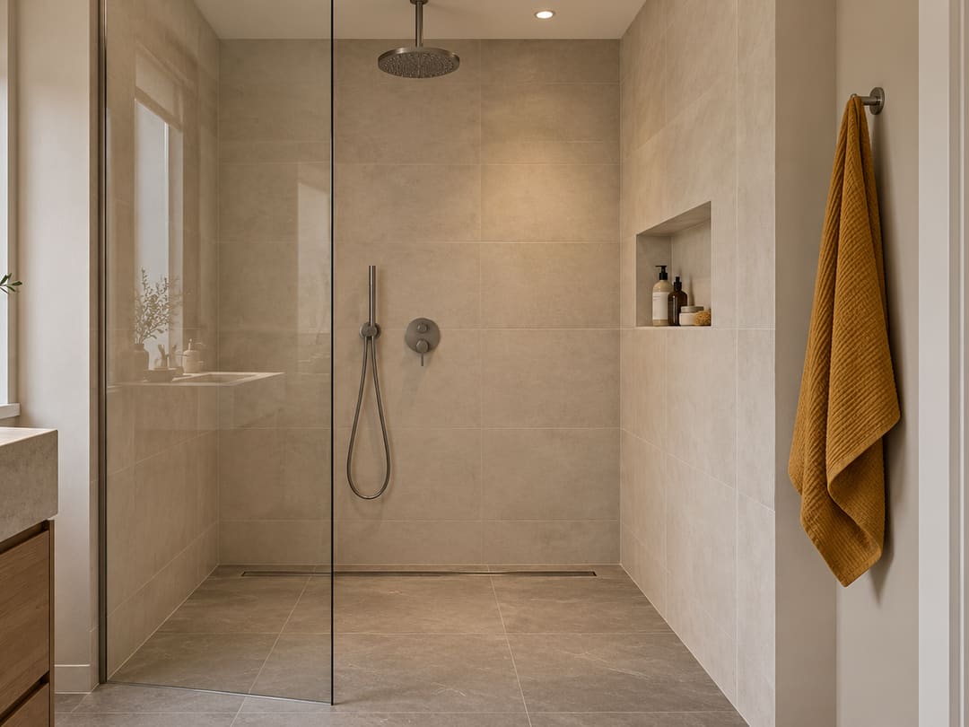 Ruime inloopdouche met glazen wand, regendouche en een nis in de wand