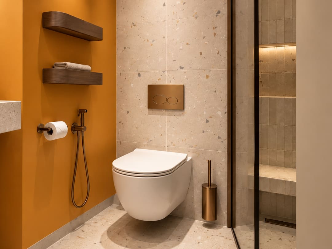 Toilet met hangtoilet, terrazzo tegels, een okergele wand en koperen accessoires
