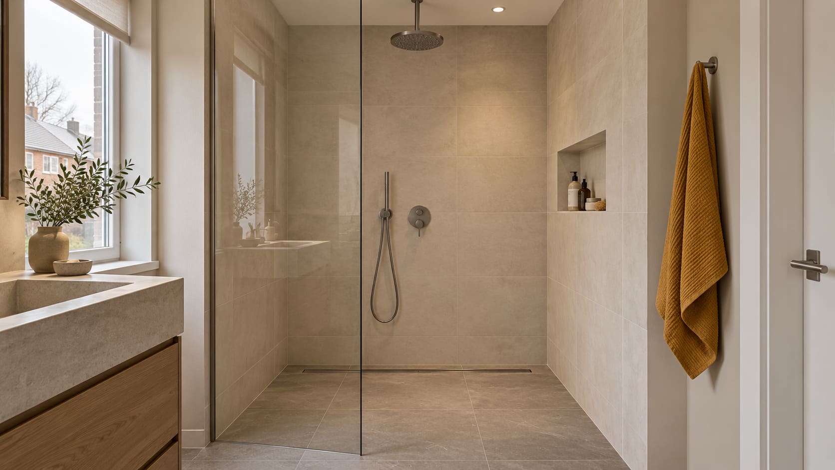 Ruime inloopdouche met glazen wand, regendouche en een nis in de wand