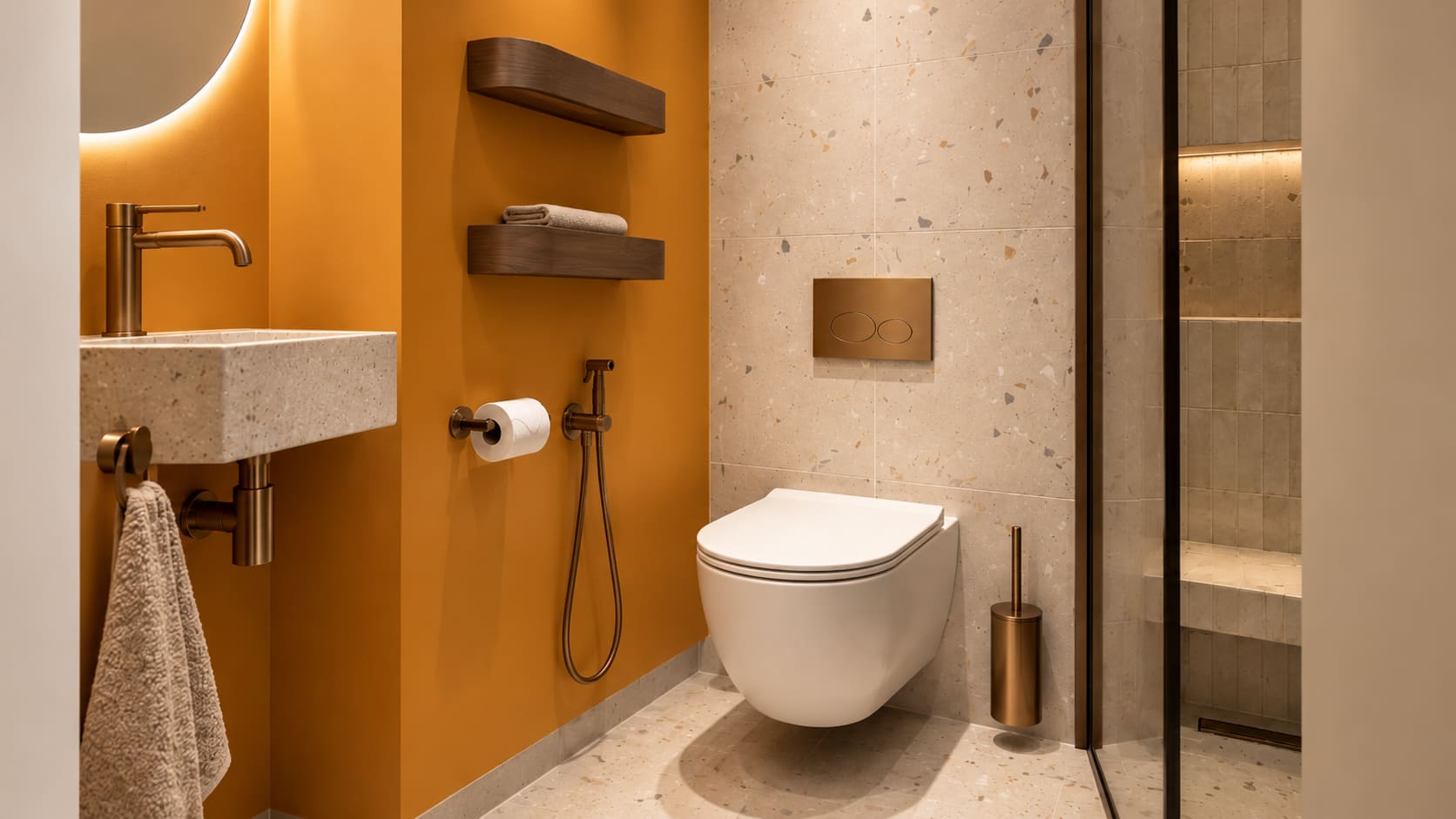 Toilet met hangtoilet, terrazzo tegels, een okergele wand en koperen accessoires